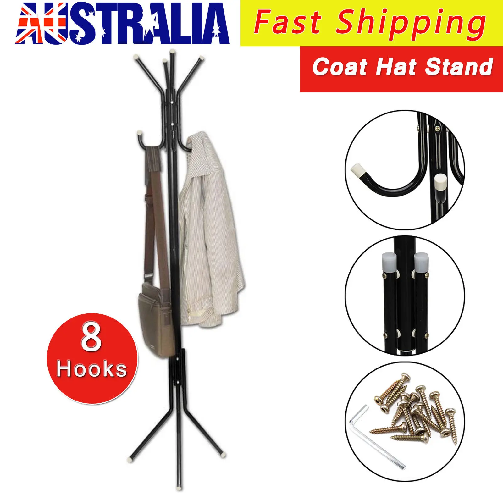 

8 Hook Iron Coat Hanger Stand Hat Bag Clothes Metal Rack Style Storage AU