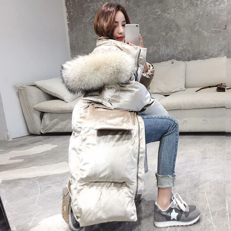 

Female Winter New Thick Warm Velour Wadded Cotton Coat Women Fashion Large Fur Collar Hooded Parka Casual Loose Long Jacket Z597