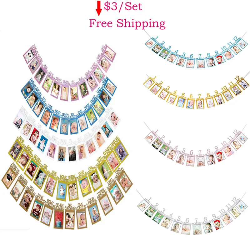 

12 Months numbers Photo Frame 6inch 1st birthday Banner welcome baby 1st party streamer First Happy Birthday kids flag
