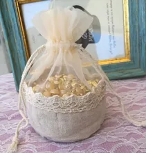 Lace Linen organza Gift Pouch 13x13cm (5″X5″) pack of 24 Baby Shower Birthday Party Wedding Favor Drawstring Bag