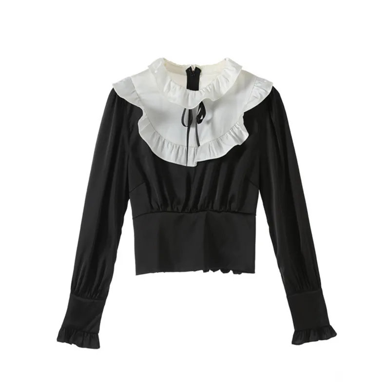 

Autumn Sexy New 2019 Women's White Black Patchwork Shirt Long Sleeve Blouse Bow Ruffled Neck Long Sleeve Short Tops Elegant