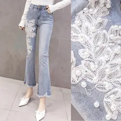 Корея Весна Осень Мода женские, с высокой талией Вышивка Жемчужный Цветок отбеленные расклешенные джинсы, женские ботильоны длина брюки