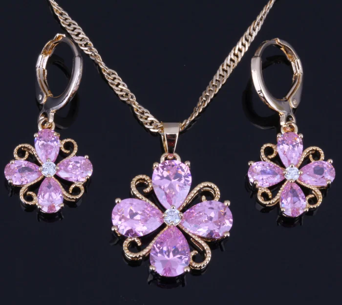 

Love Monologue Flawless Flower Shaped Yellow Gold Color Pink Crystal Jewelry Sets for Womes X0175