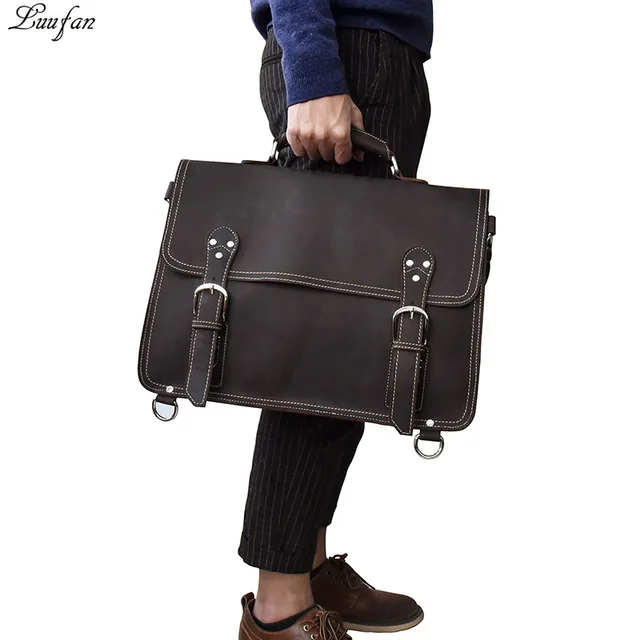

Vintage Men Briefcase Multifunction Crazy horse genuine leather laptop handbag big capacity shoulder bags 3 use male travel bags