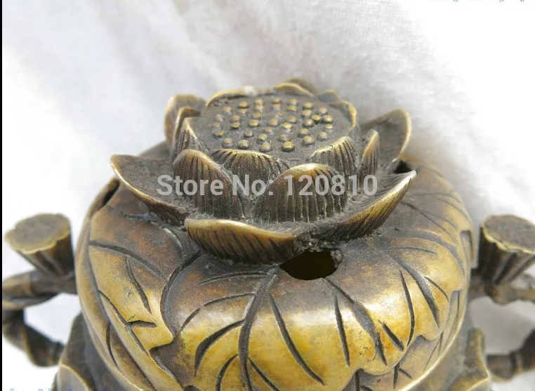 

China brass carved lotus flower frog censer incense burner Sculpture Statue
