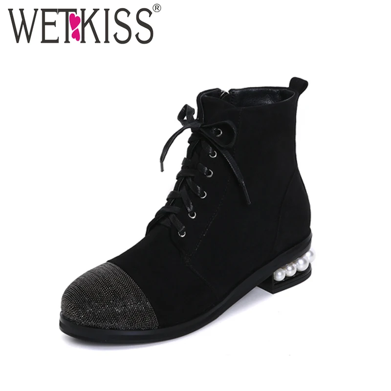 

WETKISS 2018 High Quality Ladies Ankle Boots Brand Metal Round toe Cross tied Women's Boots Bead Square Heels Shoes Woman Zipper