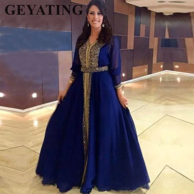 

Saudi Arabic Royal Blue Muslim Evening Dress with Long Sleeves Gold Beaded Kaftan Dubai Formal Prom Dresses 2019 Elegant Chiffon