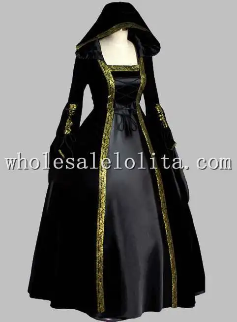 

Gothic Black and Gold Trim Historical Court Dress Witch Costume/Halloween Costume