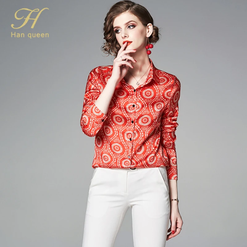 H Han queen Новое поступление рубашка с принтом женская блузка винтажные повседневные топы однобортные блузки размера плюс женская деловая рубашка - Цвет: RED