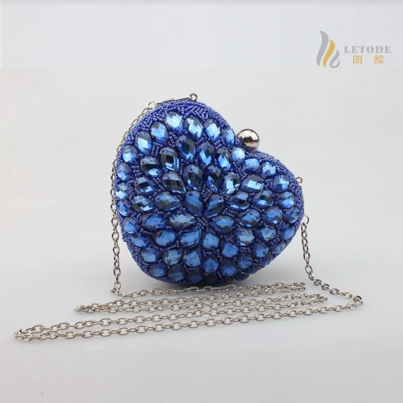 Дизайнерские в форме сердца Для женщин сумки через плечо, сумка через плечо со стразами, бусинами цепь Сумки модные клатч, вечерняя сумочка - Цвет: blue