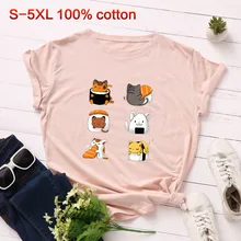 SINGRAIN, милые суши, большие размеры, женская футболка, модная, летняя, короткий рукав, базовые футболки, топы, милый кот, мультфильм, хлопковая Футболка с принтом
