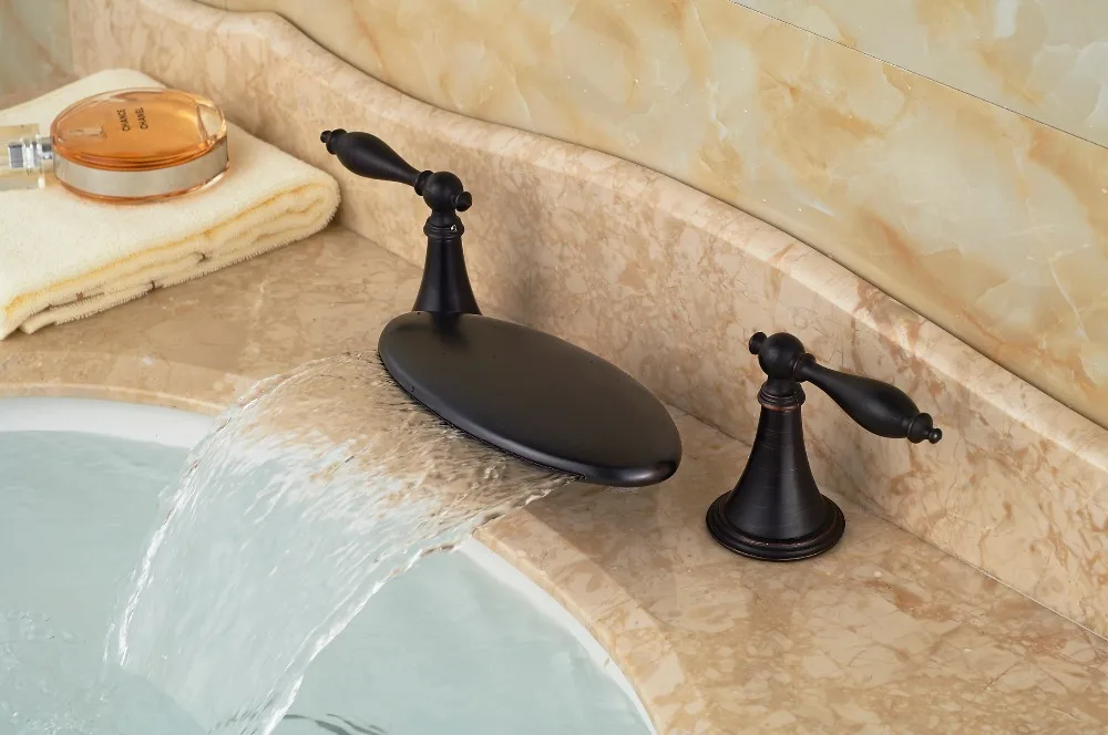 

Luxury Oil Rubbed Bronze Waterfall Spout Bathroom Basin Faucet 3 Holes Mixer Tap