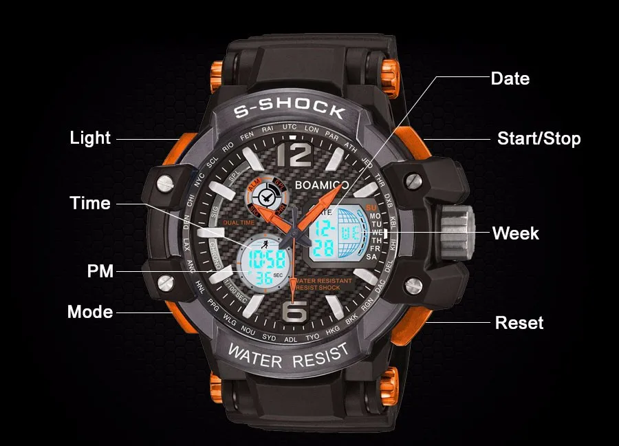 S Shock мужские спортивные часы аналогово-цифровые часы светодиодный электронный BOAMIGO брендовые кварцевые наручные часы 50 м водонепроницаемые Reloj Hombre