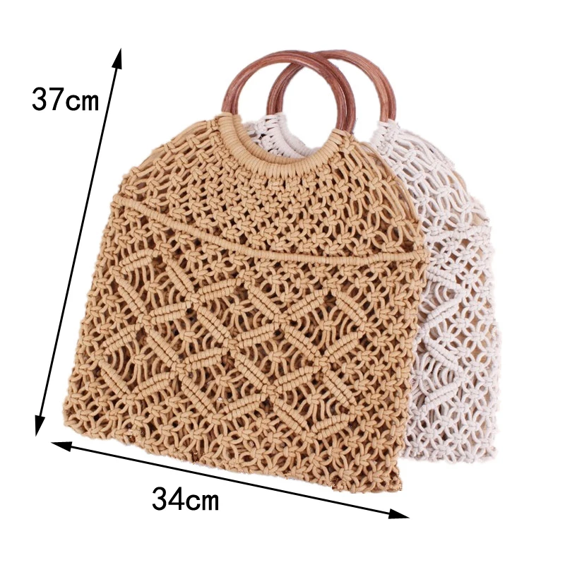 Popula Cotton Rope Hollow Straw Bag Sheer Macrame Tote Wooden Ring Rattan Handle Net Bag Vintage Retro Chic Handbag 
