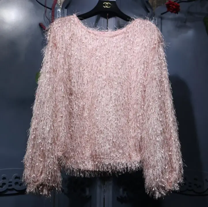 

2019 New Spring and Autumn Women's Round Neck Long Sleeve Loose Shirts Pure Color Tassels Fur Blouse Tops