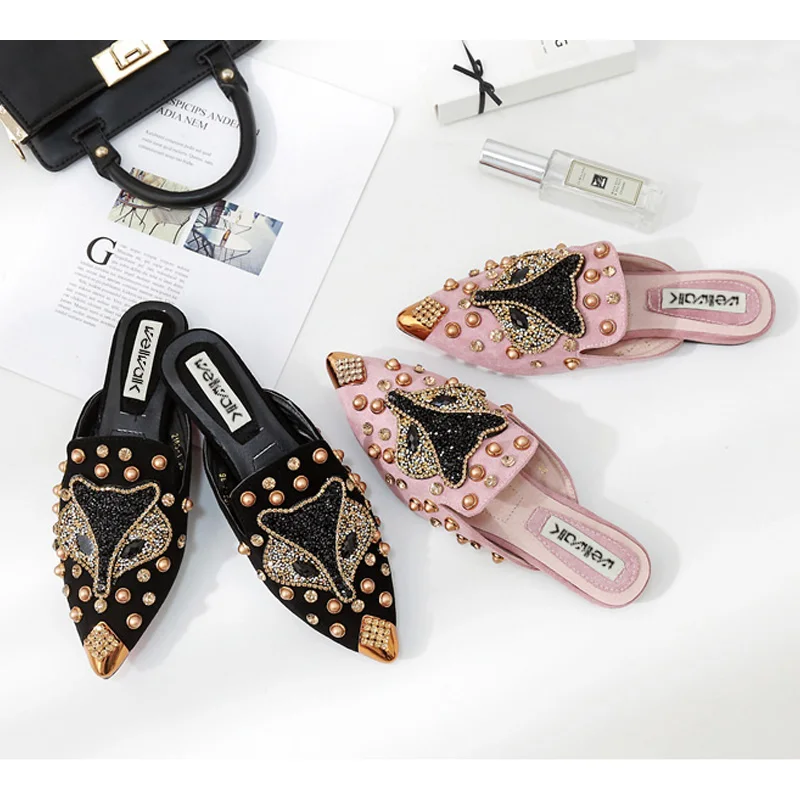 

Ladies Shoes 2018 Fashion Women Crystal Fox Mules Women Rivet Flat Slippers Spring Autumn Flock Women Slides Fringe Size 34-39