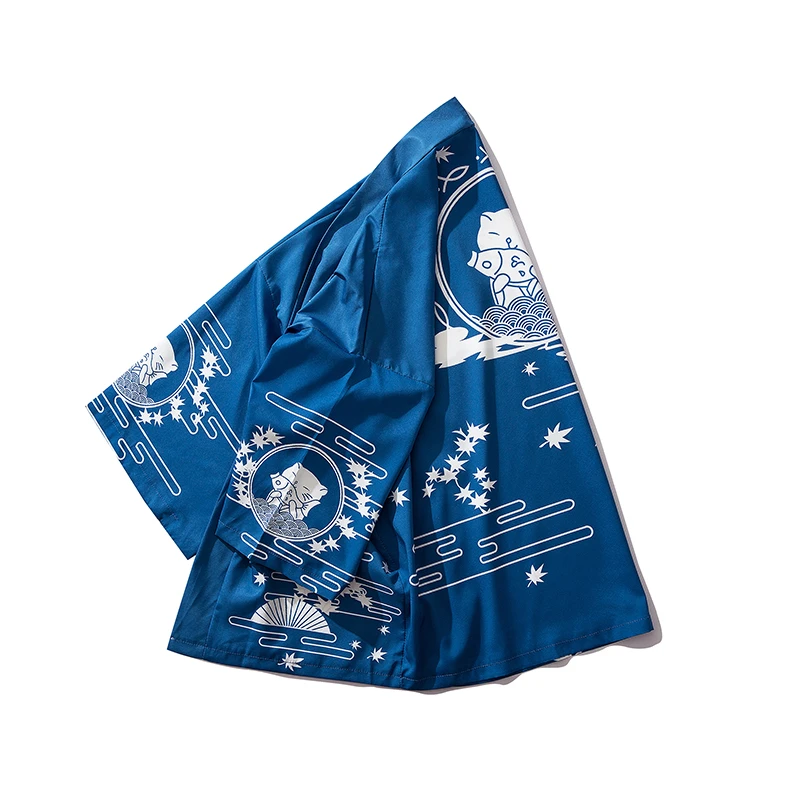 Bebovizi Japan Style Cat Printed Thin Kimono Men Japanese Streetwear Blue Jackets Casual Outerwear 2019