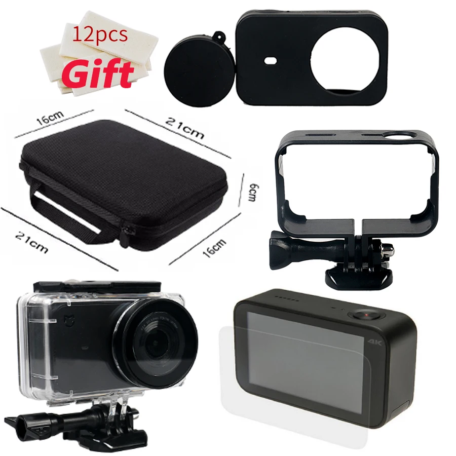 Pаспродажа Для Xiao mi jia 4K Аксессуары для экшн камеры водонепроницаемый корпус + рамка оболочка + кожаный чехол + крышка объектива + Защитная пленка + сумка ...