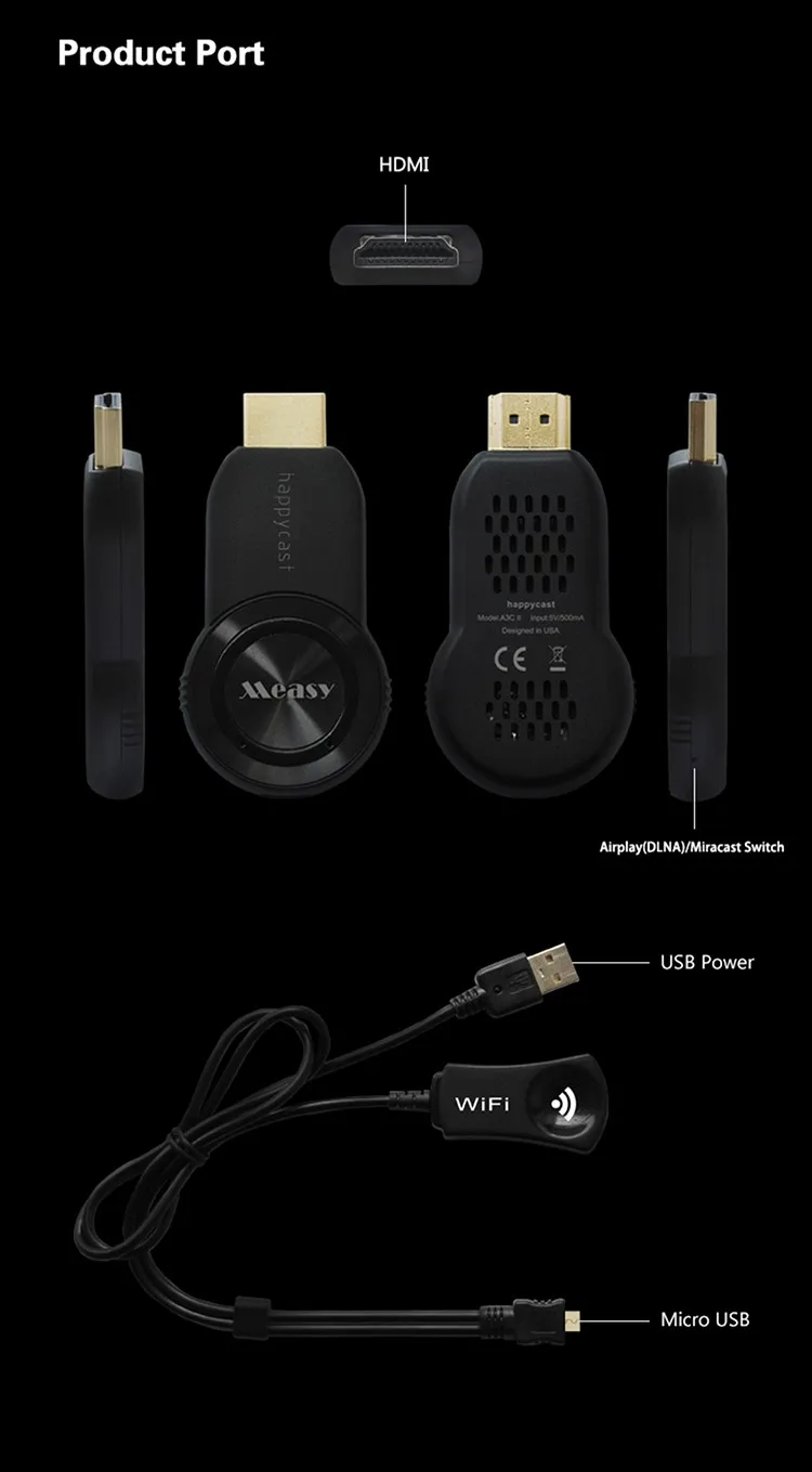 Measy wa3c II Miracast DLNA WiDi AirPlay Wi-Fi Дисплей ключ Беспроводной HDMI Поделиться Нажмите приемник Беспроводной Дисплей адаптер для IOS