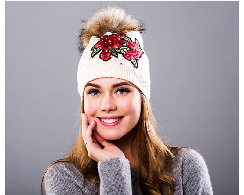 Winter Hat Women Knit Beanie Warm Cap Wool Flower Real Raccoon Pom Pom Autumn Casual Outdoor Ski Skullies Snow Accessory (21)