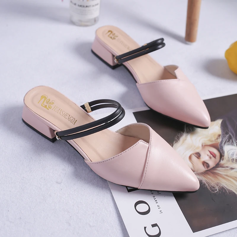 Skup Party Chic kobiety muły pantofel szpiczasty nosek pasek blokowy zamknięte płytkie buty na obcasie buty sandały czarne beżowe kwadratowe czółenka