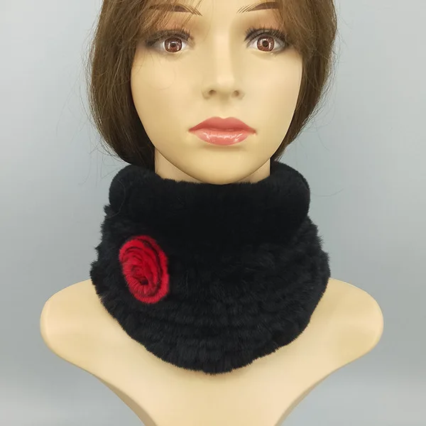 ZDFURS* ручной работы вязаный женский кроличий мех шарф из натурального кроличьего меха модное кольцо с одним цветком теплый шарф - Цвет: black