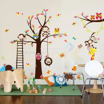 

140*235cm Colorful Owl Monkey Giraffe playing one the tree PVC Removable Wall Stickers Wall Decals Kids Room Decor ZYPA-1213