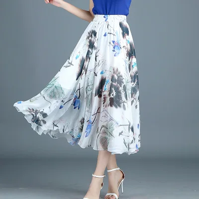 

Makuluya New Mori Literary Classic All-Match Soft Women Chiffon Flower Pattern Lithe Elastic Waist Pleated Skirt Beach A-Line L6