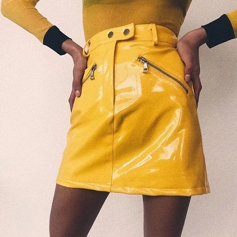 Ins модная желтая лакированная кожаная юбка для женщин в стиле панк, хип-хоп, высокая талия, мини байкерские юбки, уличная одежда Harajuku Gia, юбка из искусственной кожи для женщин