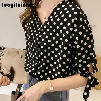 

Womens Tops and Blouses Summer Bow Short Sleeve Polka Dot Print Chiffon Blouse Women Shirts V-neck Loose Kimono Camisas Mujer