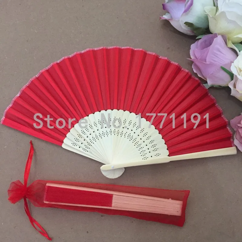 Elegant White Folding Silk Hand Fan 50pcs/lot with Organza Gift bag Wedding Gift Party Favors
