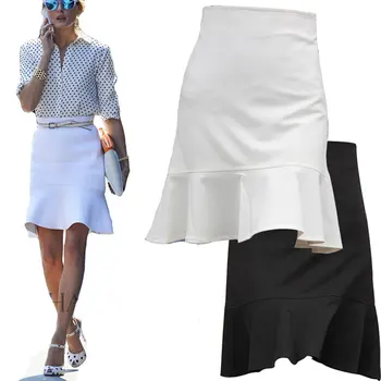 

Women Skirt 2017 Summer Spring White Slimming Fish Tail Skirts Female Ruffles High Waist Elegant Vintage Black Skirts 4XL