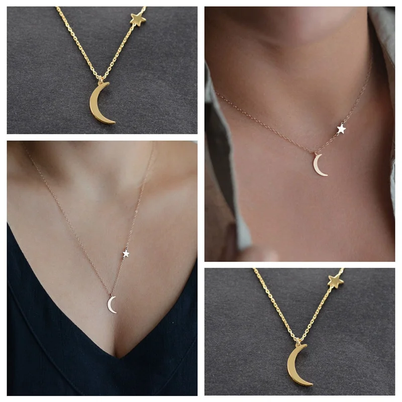 

1pc Fashion Women Necklaces Gold/Silver color Moon Star Pendent Women Statement Simple Moon Necklace