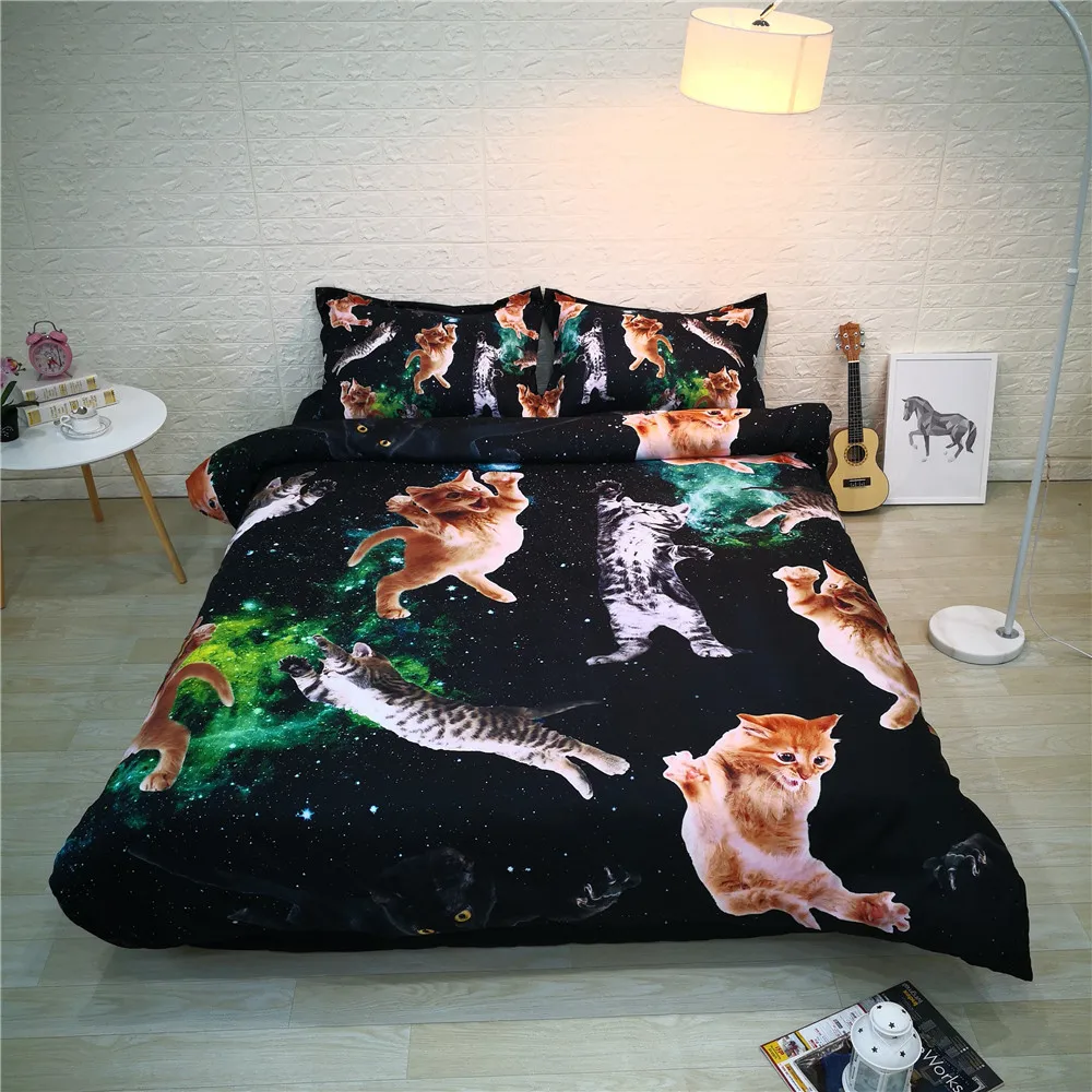 Modern Black Bedclothes 3D Lovely Cat Bed and Bedding Set Microfiber