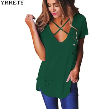 

YRRETY 2020 Summer Women Sexy Holes T-Shirt Cross V Neck Ripped T Shirts Bandage Loose Basic Female Tee Tops Blusas Camisas