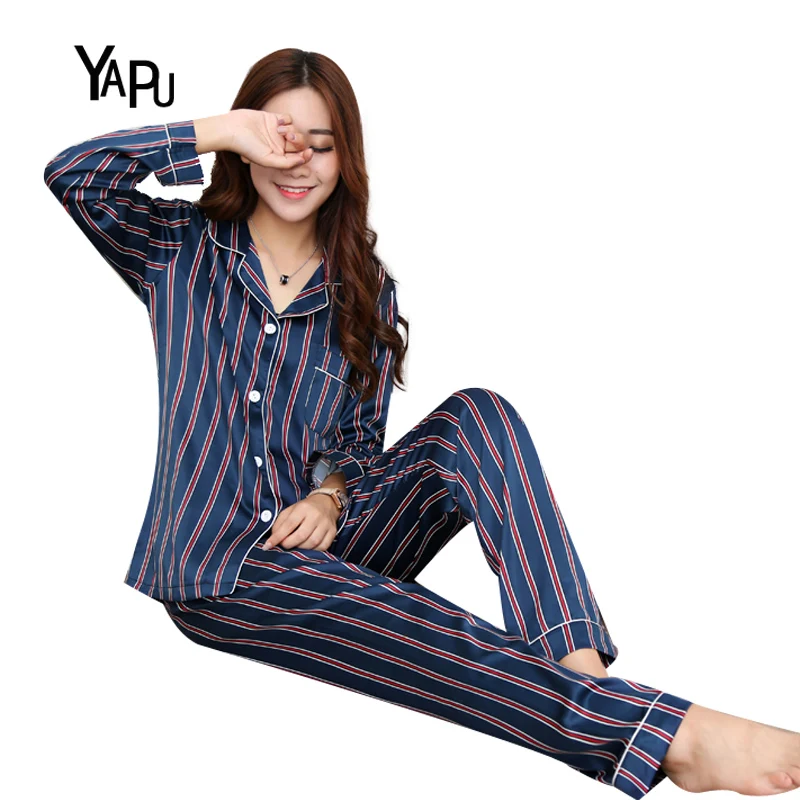 

2019 Spring and Autumn fitted stripes comfortable silk sexy silk women's pajamas pajamas two sets of air-conditioned room home