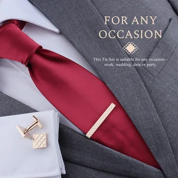 

3 pcs/Set Red Polyester Men Necktie Cufflink Set Gold Color Tie Clips Cuff Links with Solid Skinny Neckties for Grooms Wedding