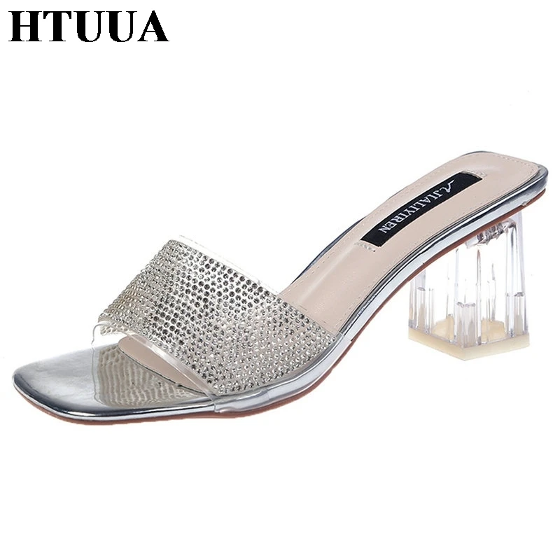 

HTUUA 2019 Clear PVC Women Slippers Transparent Heel Sandals Open Toe Crystal Slides Summer Ladies Shoes High Heels Mules SX2504