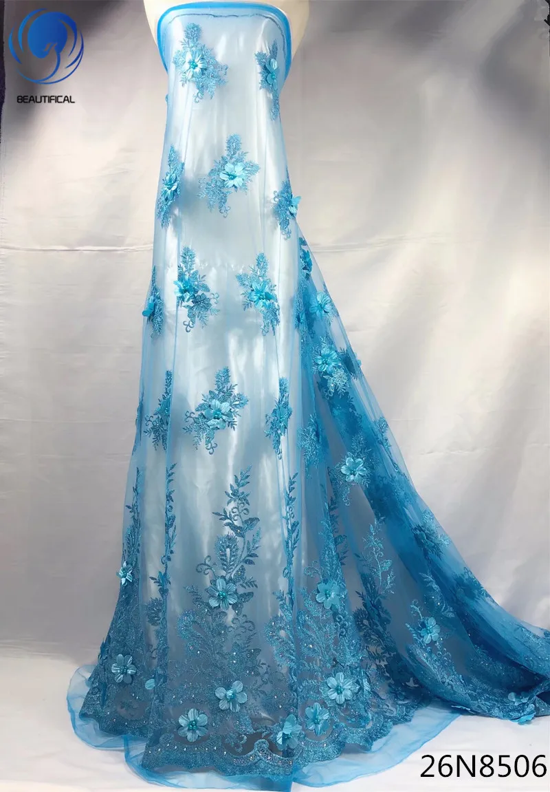 

Beautifical sky blue african lace fabric 3d flower lace wedding lace fabric high quality with beads latest 5yards for lady 26N85