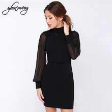 Yhotmeng Sexy dress women backless pure color package hip dress voile splicing big size dress lantern sleeve knee-length dress Yhotmeng Sexy dress women backless pure color package hip dress voile splicing big size dress lantern sleeve knee-length dress