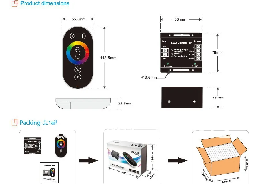 10A* 3 выходной канал led RF RGB сенсорный контроллер, DC12-24V вход