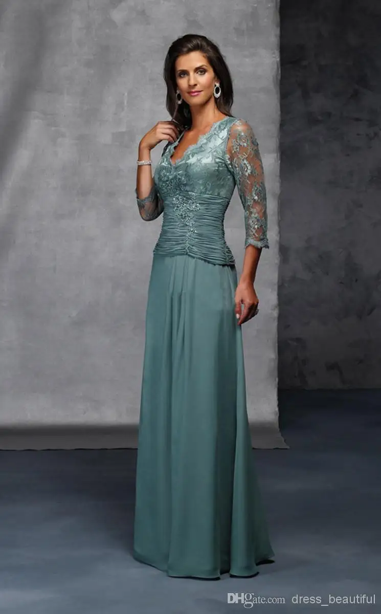 

2015 New Three Quarter Sleeves Lace Custom Made Dark Green V Neck A-Line Column Floor Length Mother of the Bride Dresses DX7608