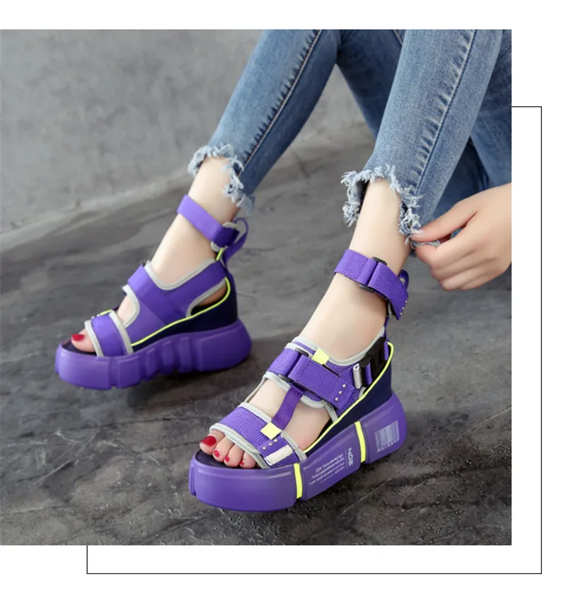SWONCO/Босоножки на платформе; женская обувь; коллекция года; Летняя женская повседневная обувь на очень высоком каблуке; мохнатые сандалии-гладиаторы на танкетке; модная обувь на высоком каблуке - Цвет: Фиолетовый
