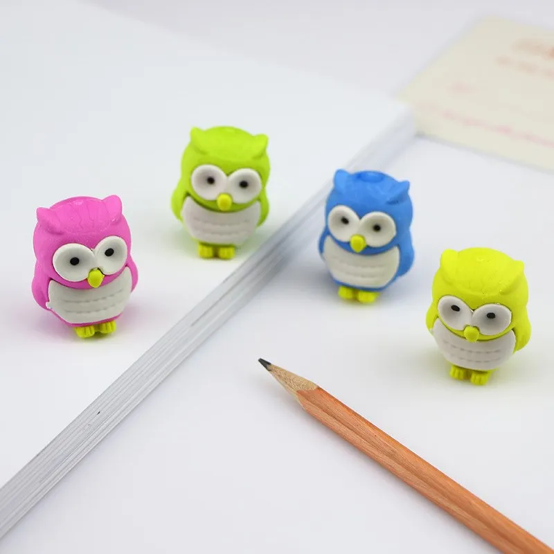 cheap 1Pc Novelty Owl Shape Rubber Eraser Creative Kawaii Stationery Mini Erasers Office School Supplies Gift for Kids Random Color