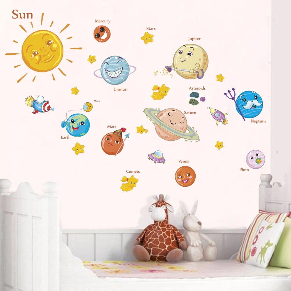 Sistem Tata Surya Kartun Dinding Stiker Untuk Anak Anak Kamar Bintang Luar Angkasa Planet Planet Bumi Matahari Saturnus Mars Poster Mural Sekolah Dekorasi Sticker For Kids Room Cartoon Wall Stickerswall Stickers For Kids