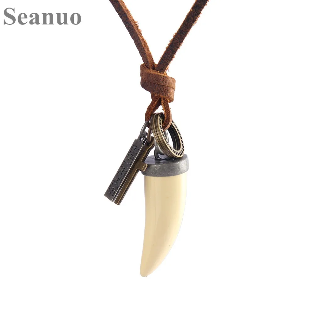 

Seanuo 2019 Elephant Ivory Genuine Leather Pendant Necklace For Men Women Fashion Punk Hiphop Spike Male Choker Necklace Jewelry