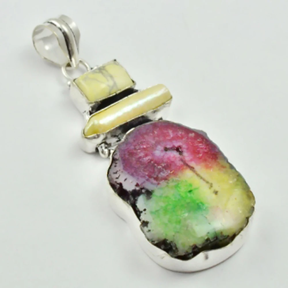

Multi Color Solar Quarts & Howlite Pendant Silver Overlay over Copper, 65mm , P3602