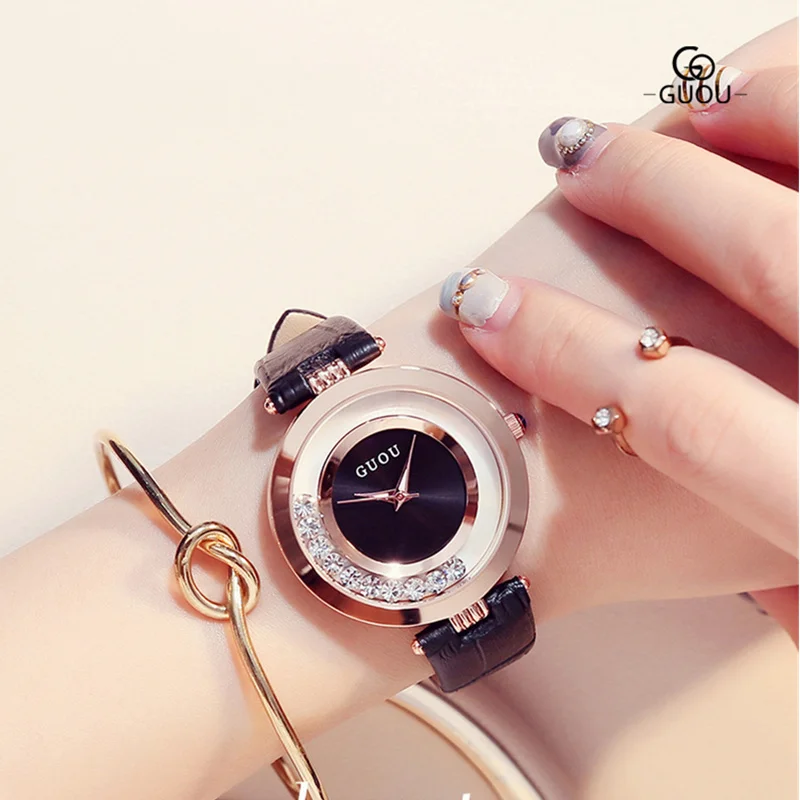 GUOU Watch Luxury Glitter Diamond Rhinestone Watch Women Watches Women's Fashion Exquisite Leather Clock saat relogio feminino