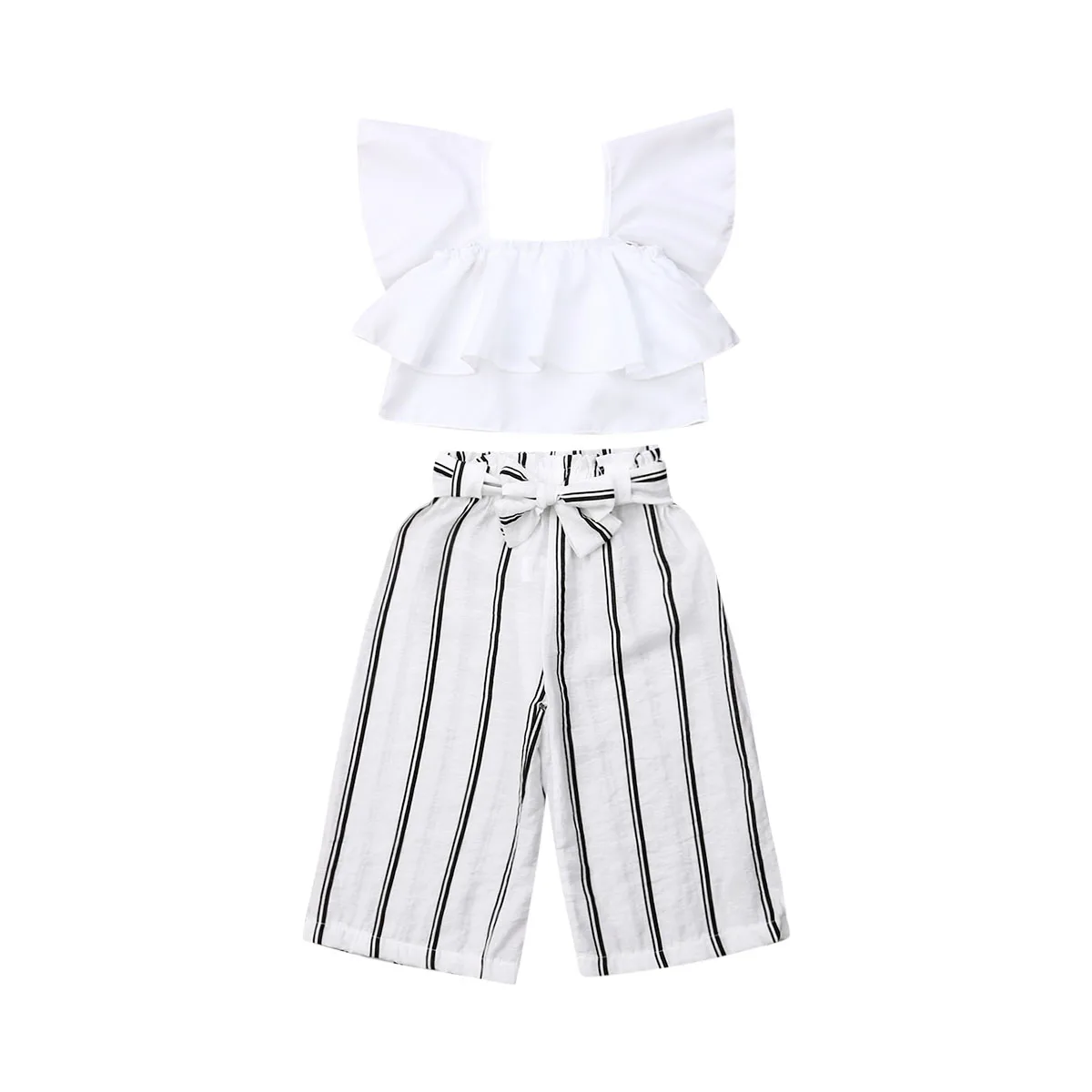 

2-7Years 2Pcs Kid Baby Girls Outfit Set Ruffle Crop Top Stripe Pants Toddler Baby Summer Clothes 2019 New