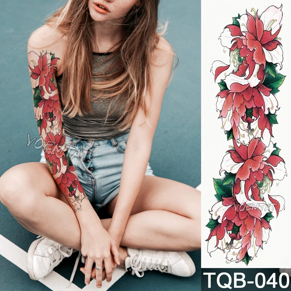 

New 1 Piece Temporary Tattoo Sticker Red peony flower pattern Full Flower Tattoo with Arm Body Art Big Large Fake Tattoo Sticker
